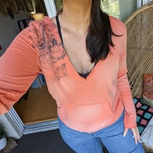 Lucky Brand Large Hoodie Sweatshirt Orange Y2K Tattoo Graphic Print Bohemian